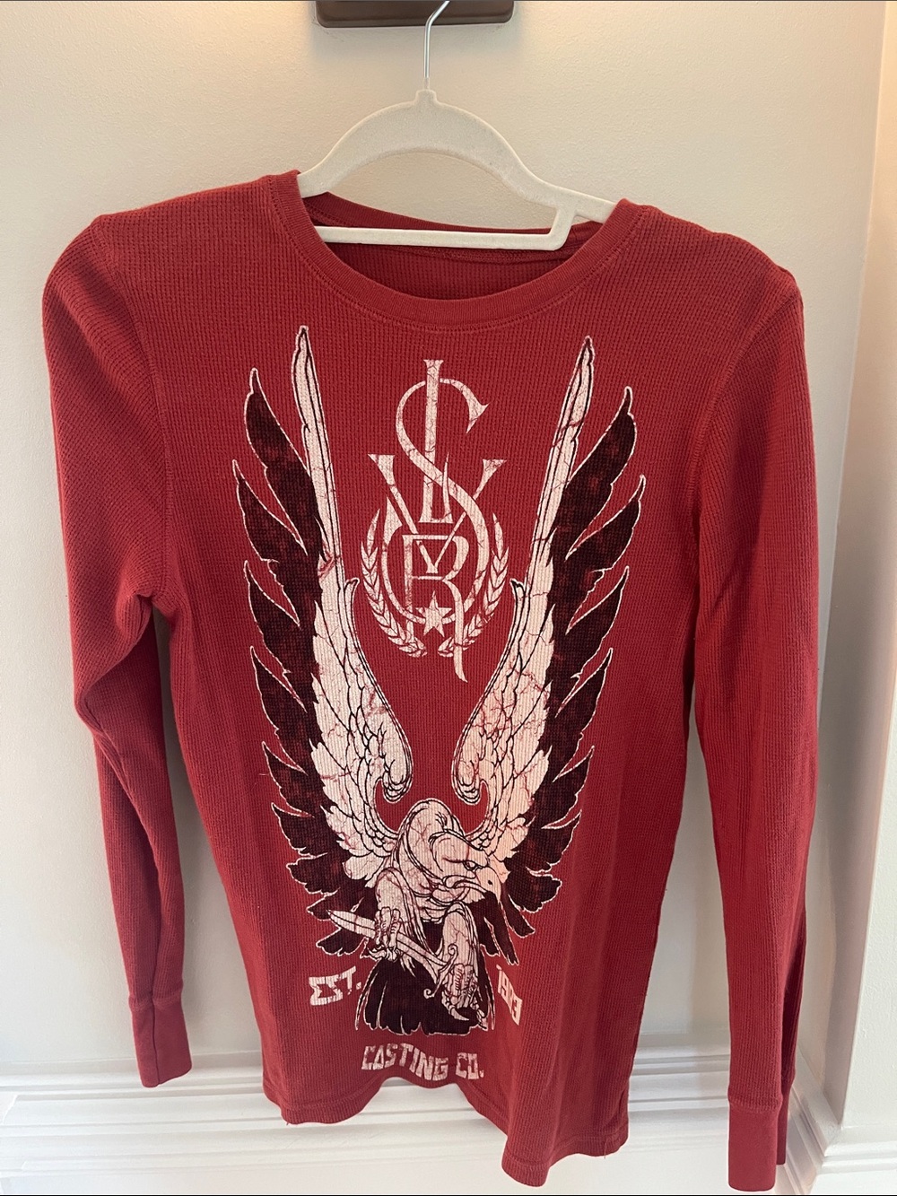 Vintage Silver Star Long Sleeve Thermal Tee with Winged Eagle Design